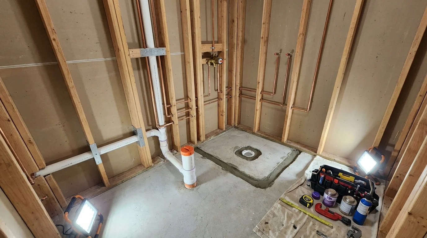 Bathroom rough-in plumbing during remodel by Johns Plumbing LLC in West Wareham
