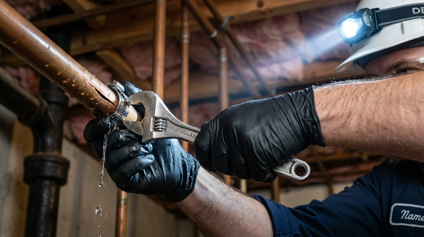 Emergency pipe clamp repair being performed by a Johns Plumbing LLC plumber in West Wareham