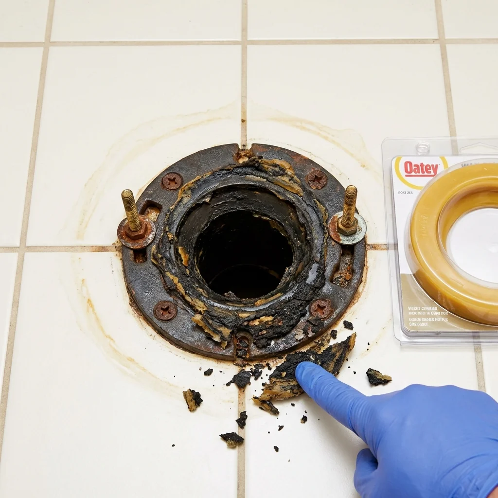 Failed wax ring showing water seepage at the base of a toilet in a West Wareham, MA home