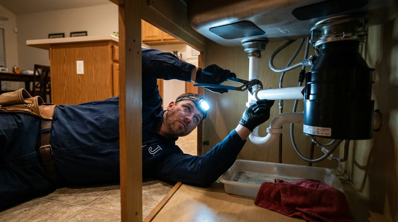 P-trap and supply line connections under a kitchen sink showing a common leak point in West Wareham, MA